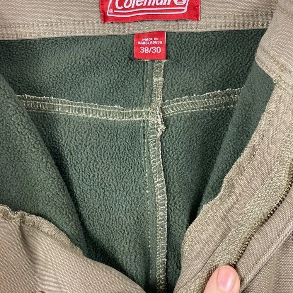 Mens Coleman Fleece Lined Tan‎ Green Carpenter Pants 38 x 30